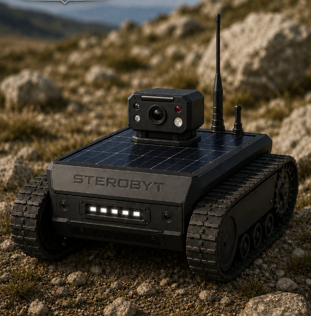 Tracked patrol drone Sterobyt Solar with solar panel and PTZ camera on rocky terrain