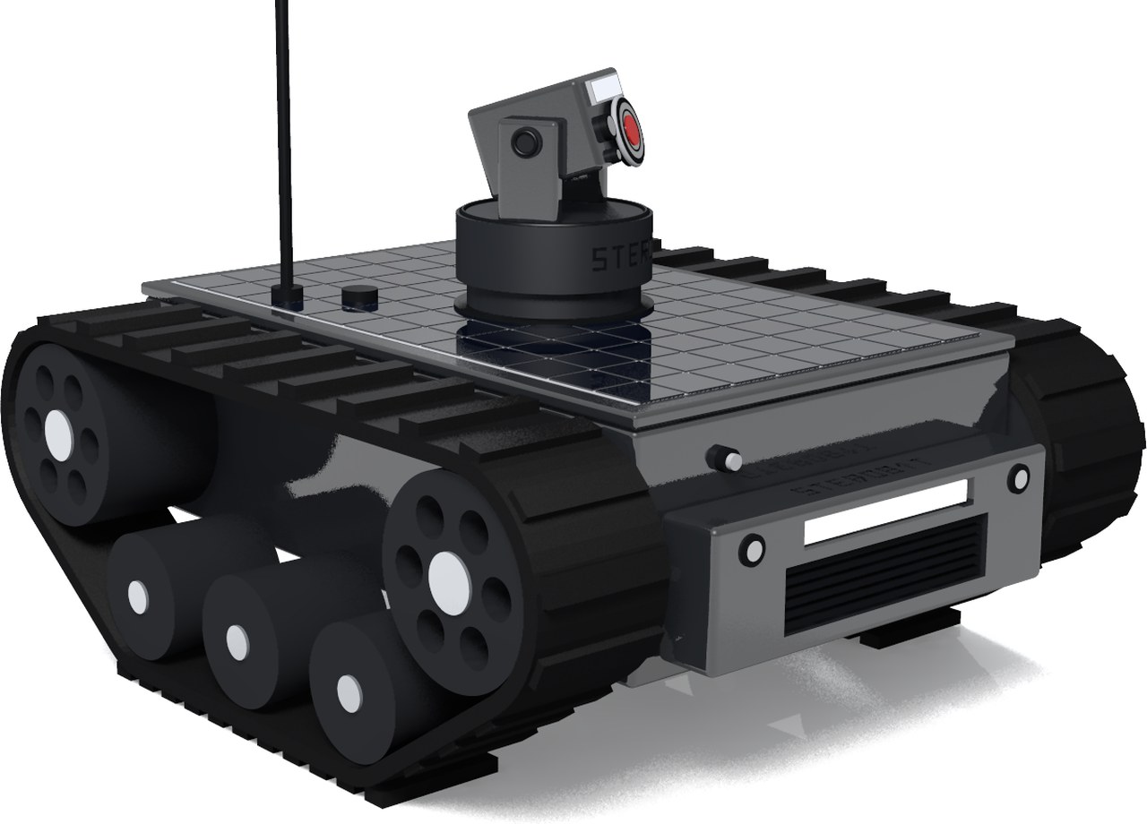 Render of the Sterobyt Solar ground patrol drone assembly — tracked chassis, solar lid and PTZ head